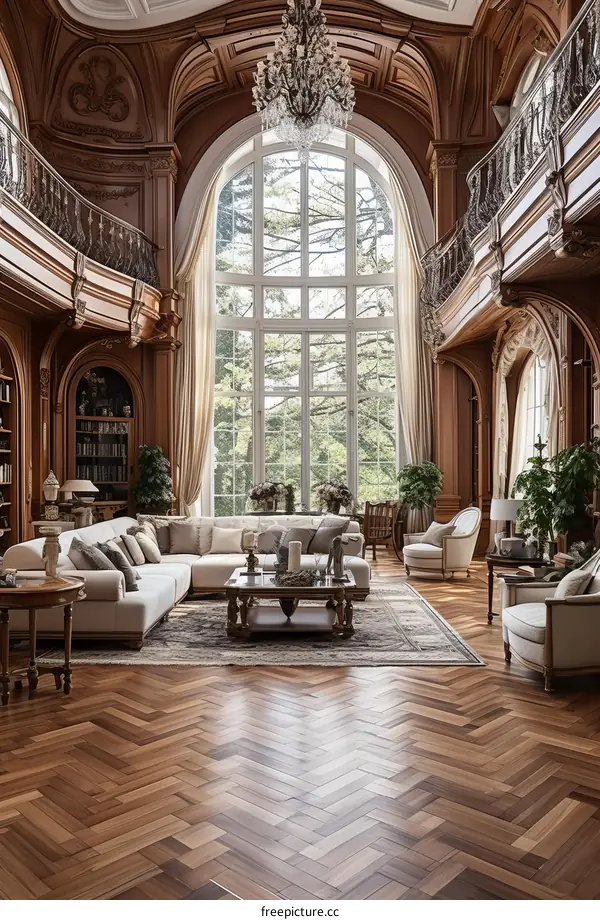 Luxurious living room with wood carvings and large windows