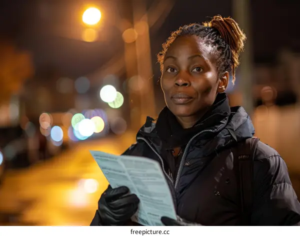 A woman of color holds a voting ballot at a polling place on Election Day.