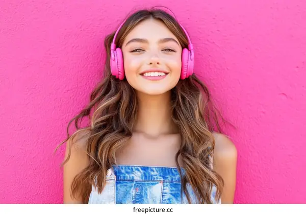 Teenage Girl with Pink Headphones against a Pink Wall