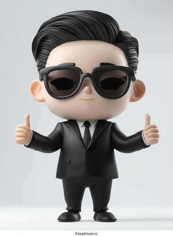 3D illustration of a businessman in a suit and sunglasses giving a thumbs up