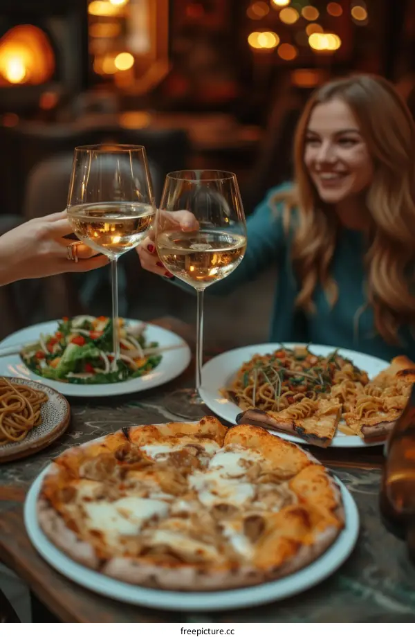 Two friends toasting their glasses of white wine in a restaurant