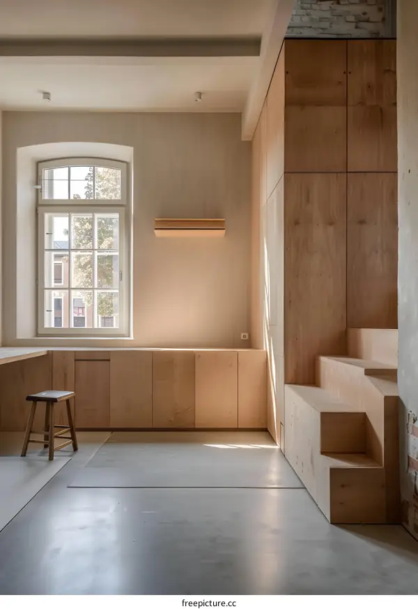 Modern Interior Design with Wooden Wall Panels and Large Window