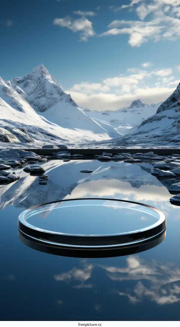 3D rendering of a clear glass platform on a frozen lake surrounded by snow-capped mountains