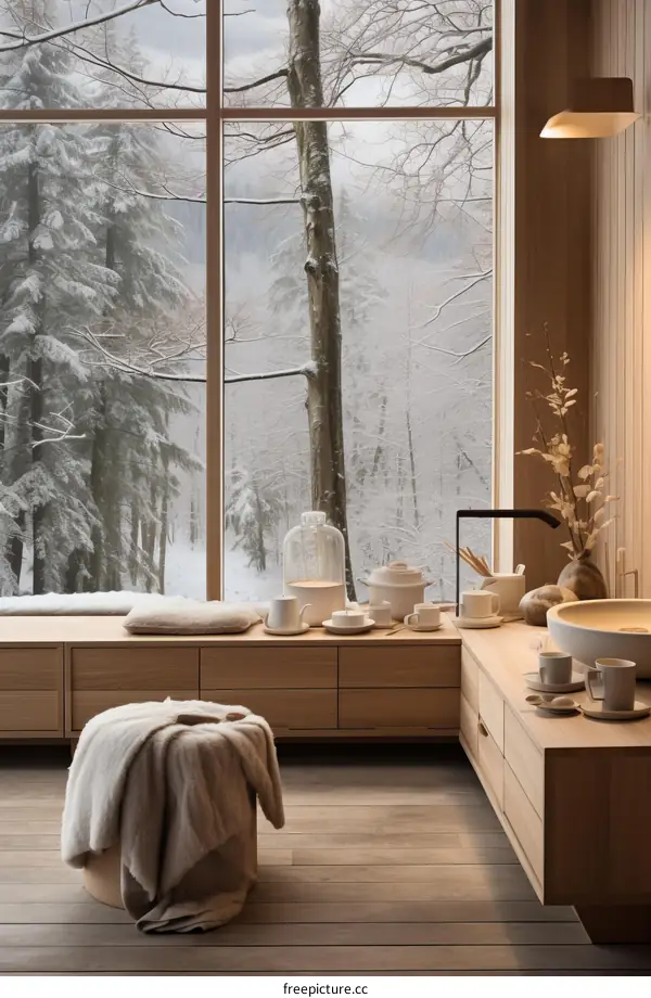 Bathroom with a view of a snowy forest