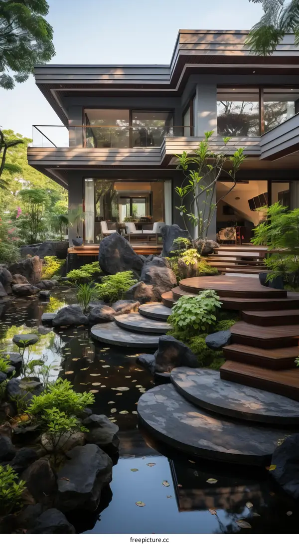 Tranquil Japanese Garden with Modern House