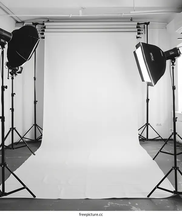 White Studio with Camera and Photo Equipment
