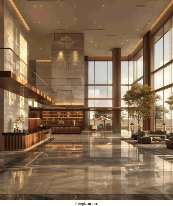 Modern Interior Design Luxury Hotel Lobby with Stone Walls and Large Windows