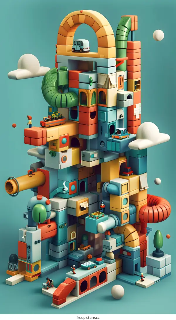 Colorful 3D illustration of a city built with blocks