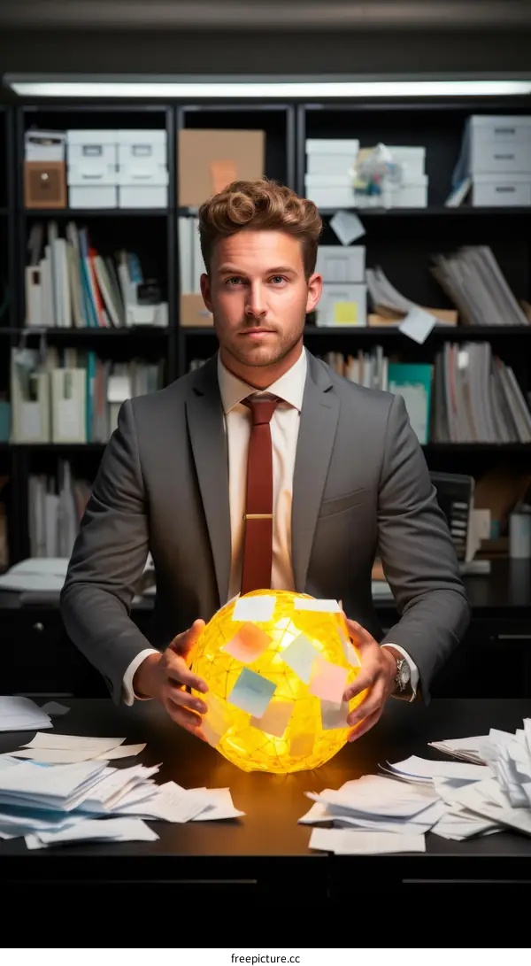 A businessman in a suit and tie sits at his desk, holding a glowing ball of light.