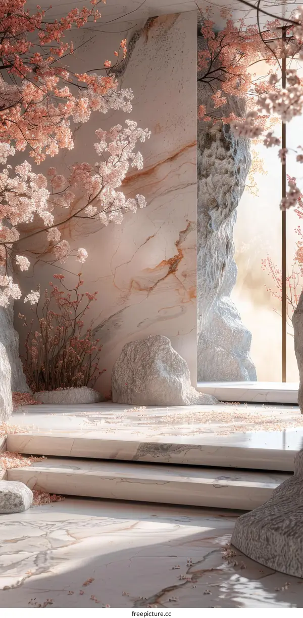 Elegant Interior Design with Pink Flowers and Stone