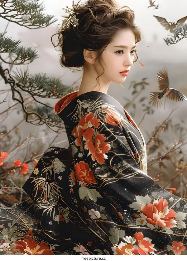 Portrait of a beautiful Asian woman in traditional Japanese kimono with red and pink flowers and pine trees in the background