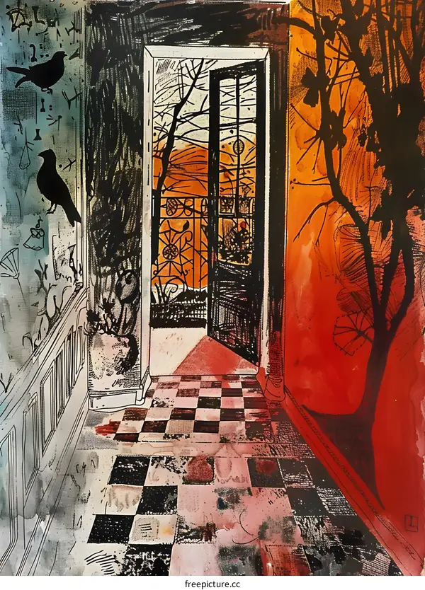 Abstract Art Painting Of A Doorway With Crows And Branches