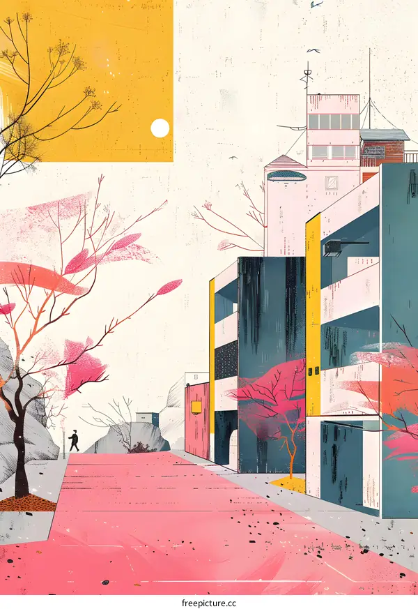 Abstract Cityscape with Pink Trees and Buildings