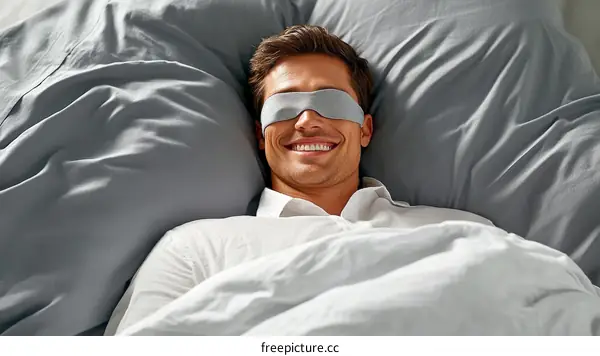 Happy Man Wearing Sleep Mask in Bed
