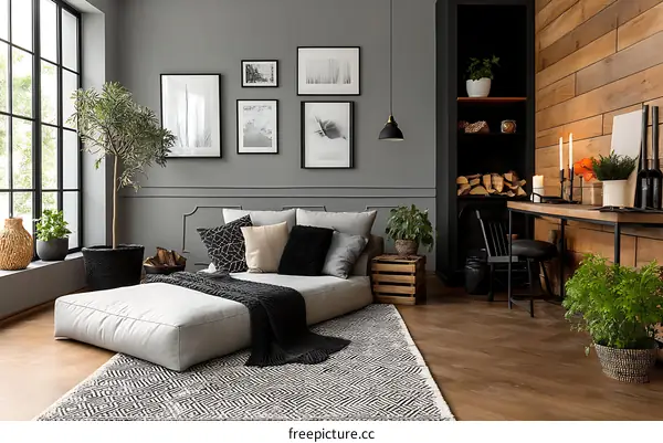 Modern Minimalist Living Room with Wooden Accent Wall