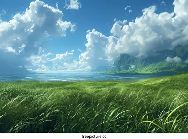 Tranquil Landscape of Lush Meadow and Mountains