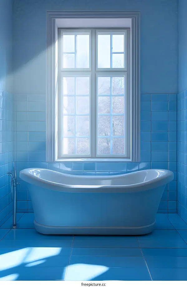Blue Bathroom with Bathtub and Window