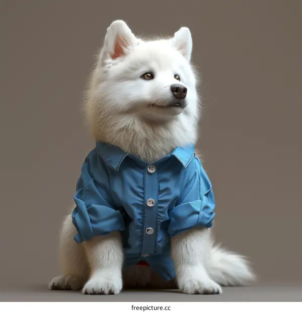 Portrait of a fluffy white puppy wearing a blue shirt
