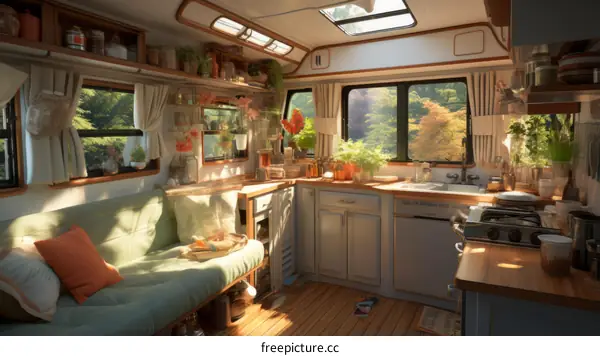Cozy Interior of a Camper Van with Functional Living Space