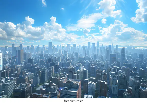 A cityscape image of a large city with many skyscrapers and a blue sky with white clouds.