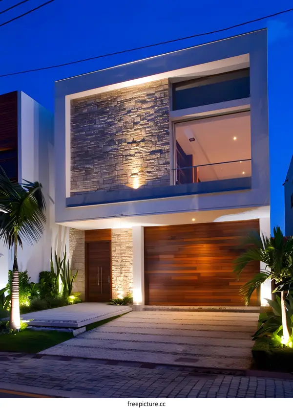 Modern House Exterior Design with Stone and Wood