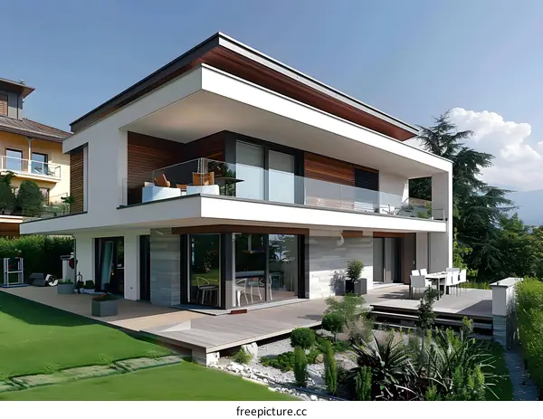 Modern White House with Large Windows and Balcony