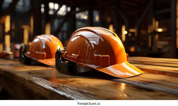 Two orange hard hats sit on a wooden table in front of an out of focus industrial background