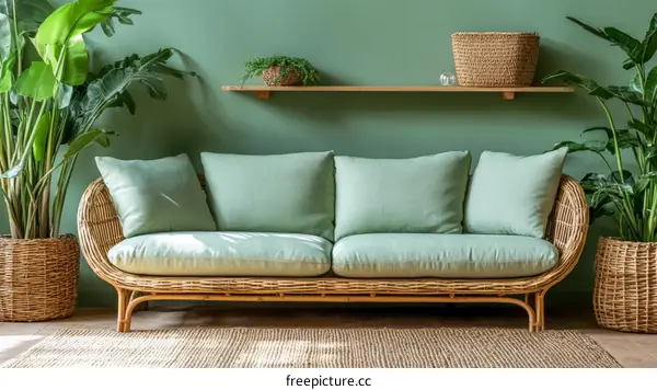 Modern Green Living Room Sofa with Wicker Furniture