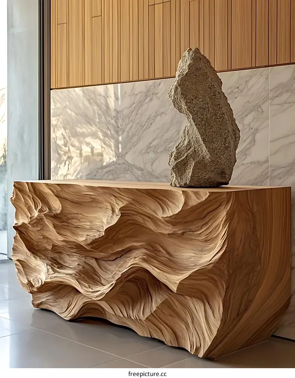 Modern Wooden Console Table with Stone Sculpture