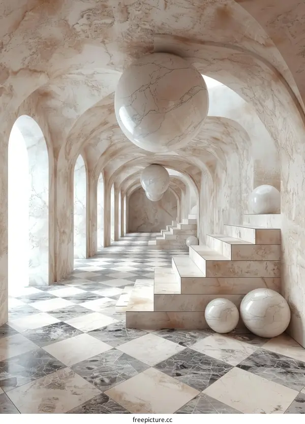 Marble interior space with arched openings and spheres