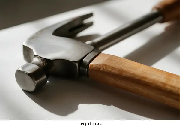 Close-up view of a metal hammer with a wooden handle