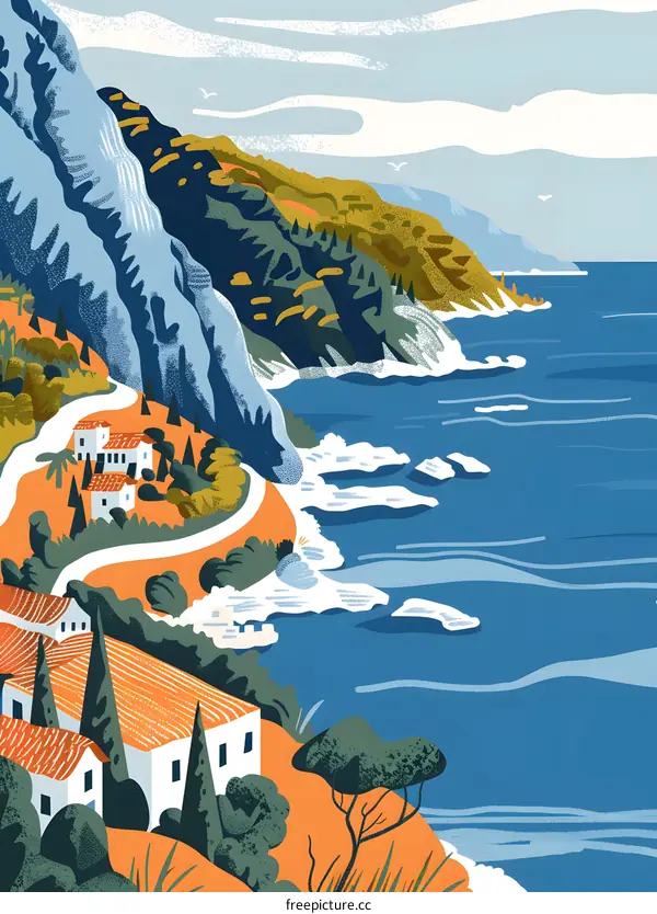 Coastal Landscape With Winding Road And Houses