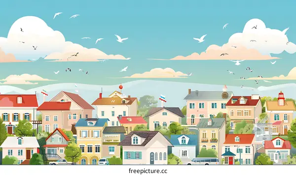 Seagulls Fly Over The Colorful Houses Of A Small Town