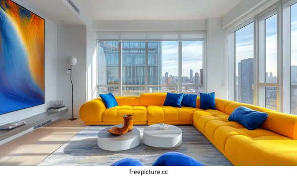 Modern City Living Room with Bold Yellow Sofa
