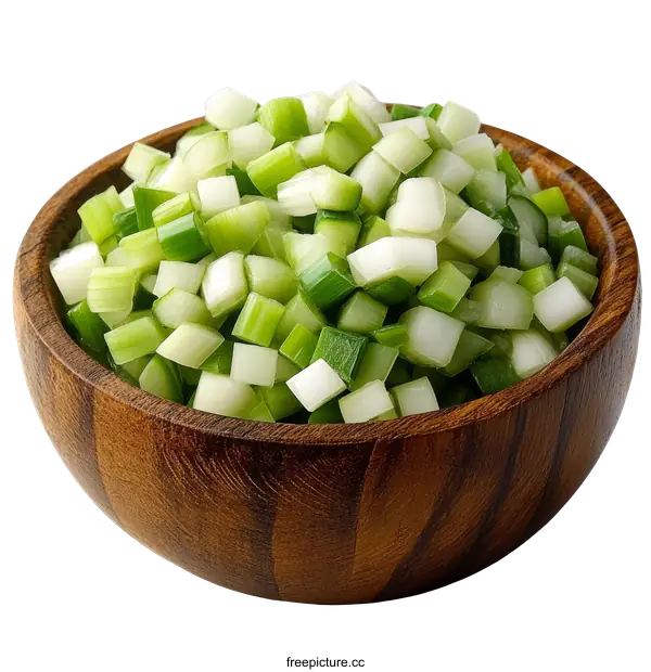 [Transparent Background PNG]Chopped Scallions in Wooden Bowl
