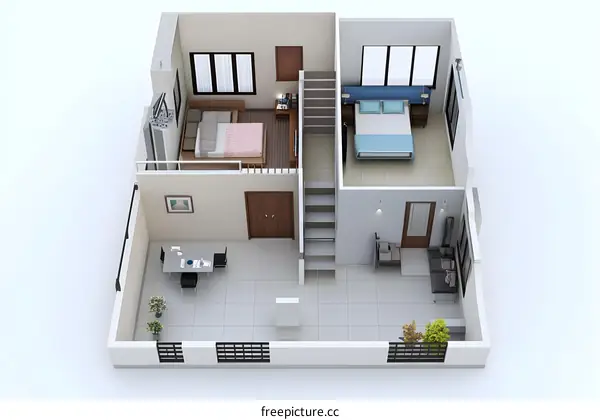 Top View 3D Illustration of Modern Home Design with Terrace and Two Bedrooms