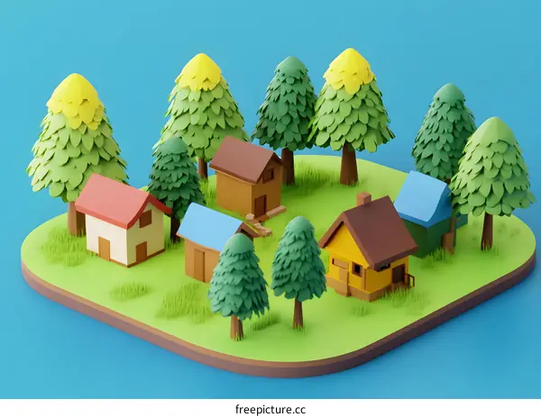 Low Poly Village Scene with Houses and Trees