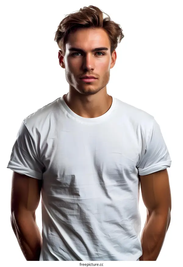 Portrait of a young Caucasian man in a white T-shirt