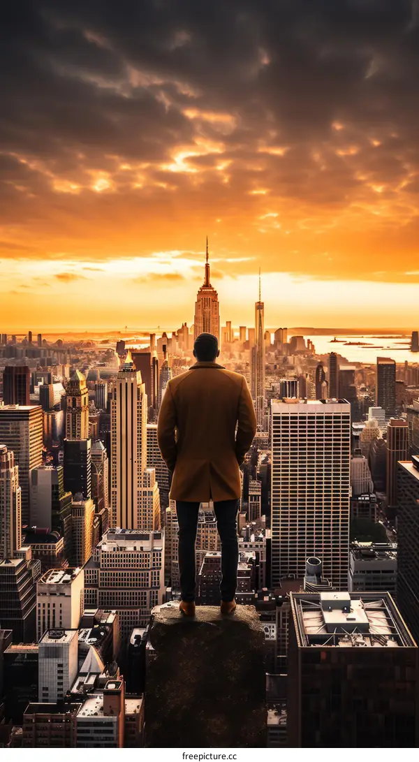 Man standing on top of a skyscraper overlooking a city during sunset