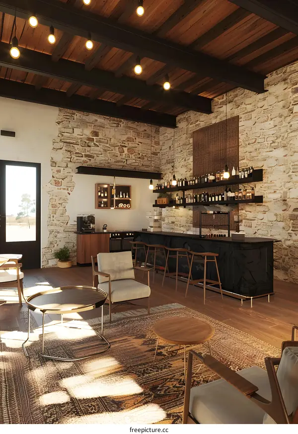 Modern Rustic Bar Interior Design with Stone Walls and Wooden Beams