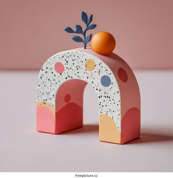 Abstract Ceramic Sculpture with Geometric Shapes and a Small Branch