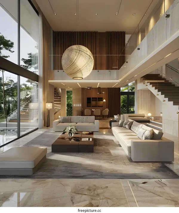 Modern Luxury Living Room Interior Design with Large Windows and a Chandelier