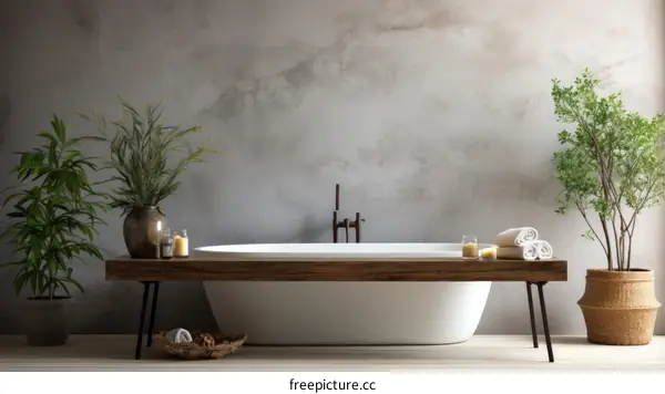 Elegant Bathroom Interior with Freestanding Tub, Plants, and Soft Towels