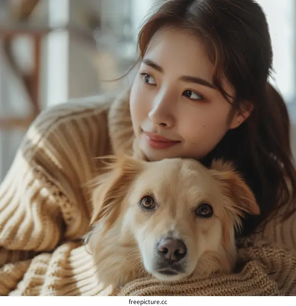 A young woman is sitting on a couch with her dog.