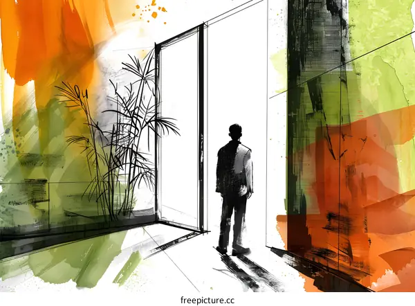 Man Standing in an Open Doorway with Abstract Background