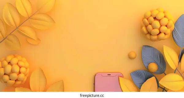 Yellow and Orange 3D Phone Mockup with Leaves