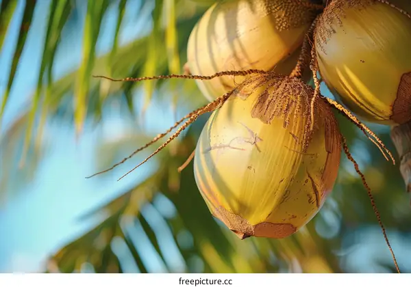 A bunch of coconuts hanging from a palm tree