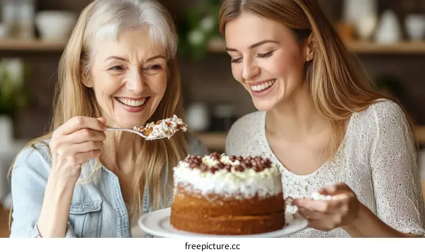 Mother and Daughter Enjoying a Delicious Cake