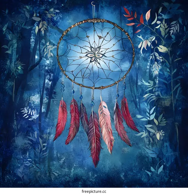 Watercolor Dreamcatcher with Feathers in Forest