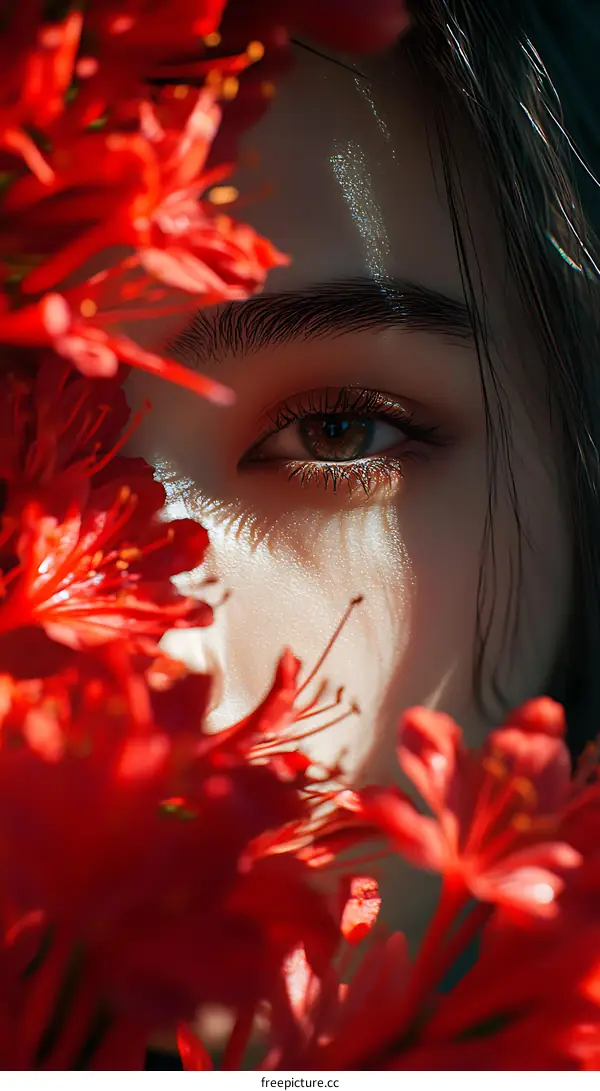 Closeup of a Woman Face with Red Flowers